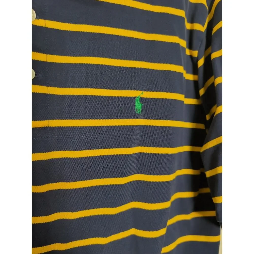 Polo Ralph Lauren Shirt Blue Yellow Stripes Equestrian Golf Men's L Pima(1186)